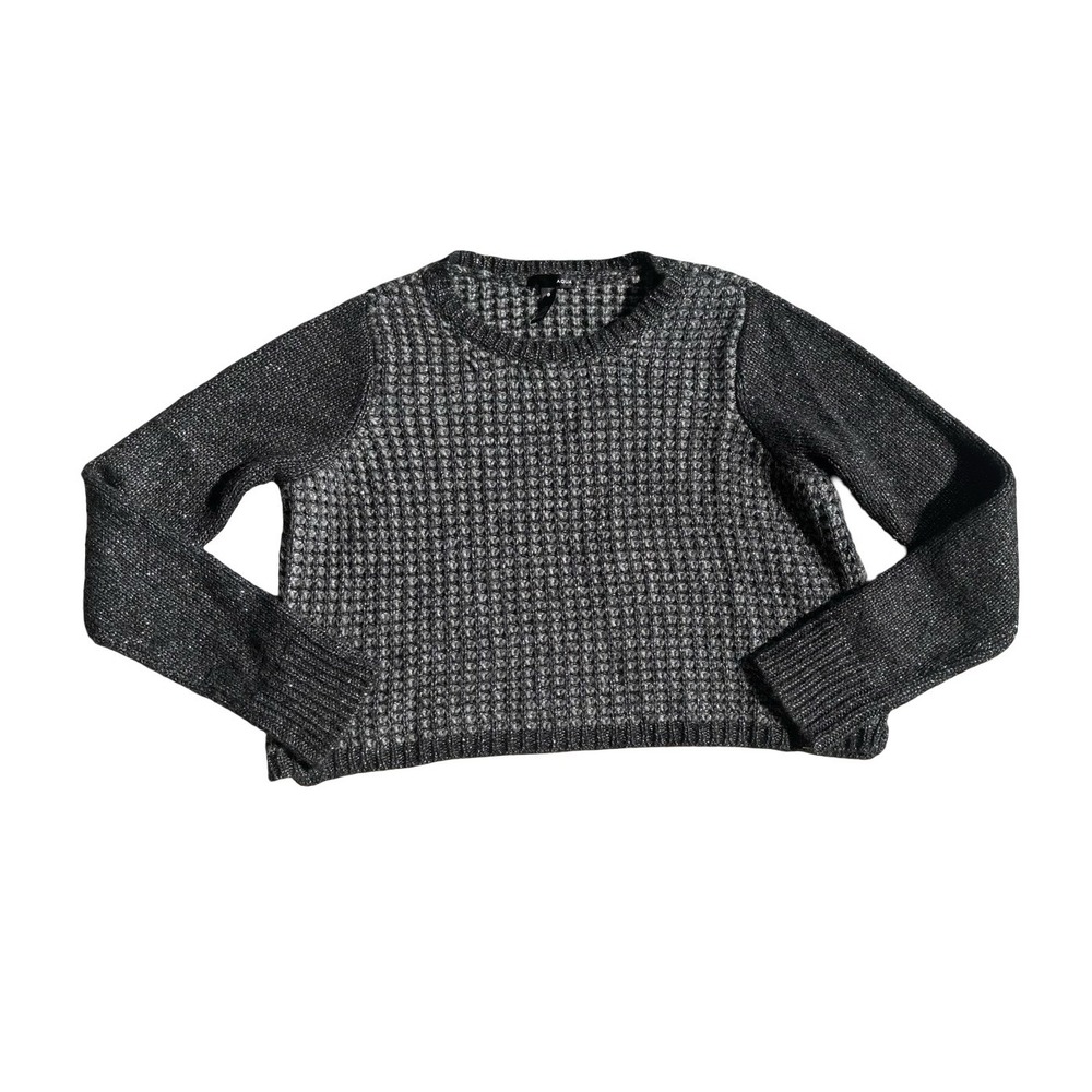 AQUA Womens Large‎ Silver Metallic Waffle Knit Cropped Sweater Wool Blend Gray L